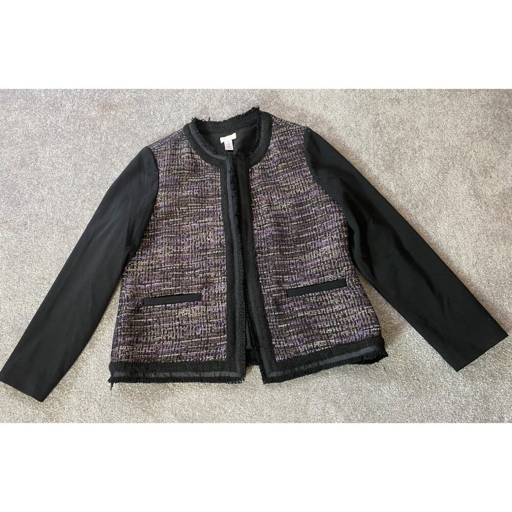 Chicos 1 Tweed Metallic Jacket W/ Black Stretch Sleeves & Fringe Hem Medium